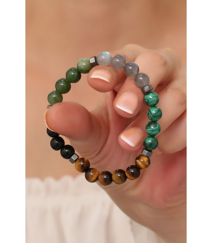 Aslan Burcu Doğaltaş Bileklik Kaplangözü Kanada Yeşim Labradorit Malakit Oniks Hematit 8mm 20cm