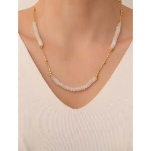 Ay Taşı Küp Kesim Doğaltaş Kadın Kolye 7×3mm Taşlar  50cm + 8cm Uzatma  Altın Kaplama Aparatlı