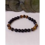 Kaplangözü Oniks & Hematit Doğaltaş Bileklik 8mm Küre Kesim  Beyaz Rondela Hematit 6×1mm  19cm Elastik Tasarım