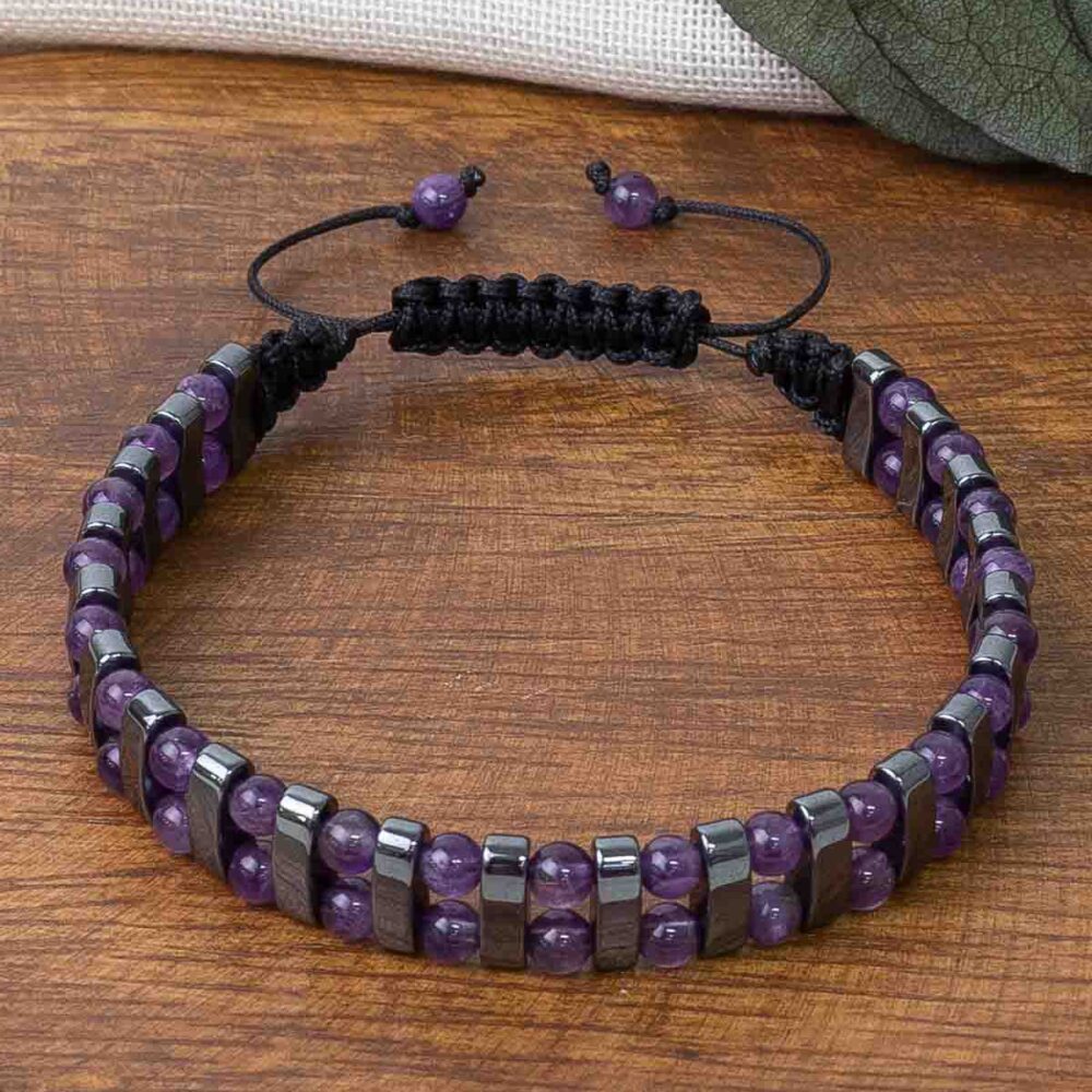 Ametist & Hematit Doğaltaş Bileklik Makrome Örgü  4 mm Ametist & 10x3 mm Hematit  Ayarlanabilir 18 cm